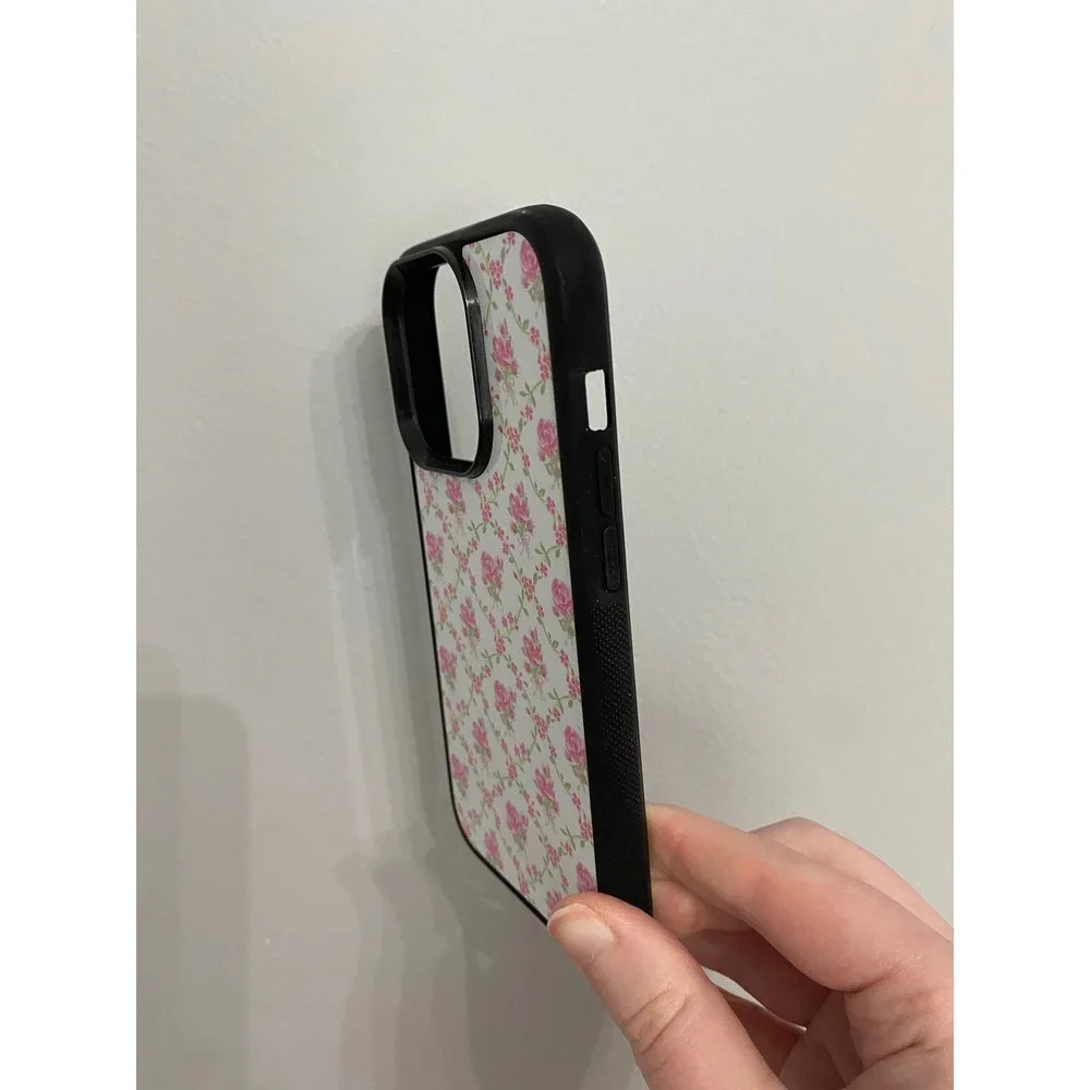 iPhone‎ 14 Pro Case Unisex OS Pink White Floral Rose Pattern Black Bumper Grip